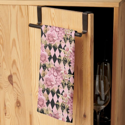 Mooie Roze Rozen op Harlekijn   Theedoek (Derde Gevouwen)