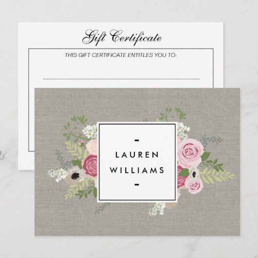 Mooie roze rozen op Linen Gift-certificaat (Voorkant / Achterkant)