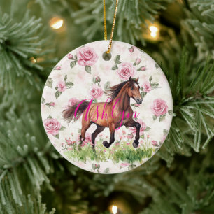 Mooie Roze Rozen Paard Kerstmis Keramisch Ornament