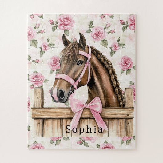 Mooie Roze Rozen Paard Kerstmis Legpuzzel (Verticaal)