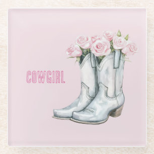 Mooie Roze Rozen Zilveren Cowgirl Laarzen Glazen Onderzetter