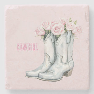 Mooie Roze Rozen Zilveren Cowgirl Laarzen Stenen Onderzetter