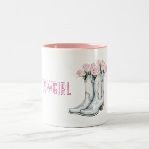 Mooie Roze Rozen Zilveren Cowgirl Laarzen Tweekleurige Koffiemok