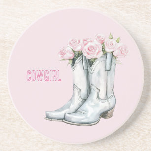 Mooie Roze Rozen Zilveren Cowgirl Laarzen Zandsteen Onderzetter