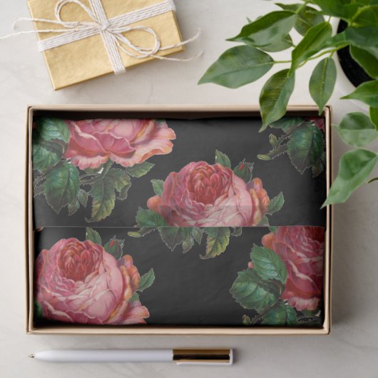 MOOIE ROZE ROZEN, zwarte bloemen Tissuepapier (Geschenk)