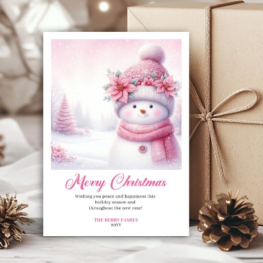 Mooie Roze Sneeuwman Printbare Kerst Scene Kaart