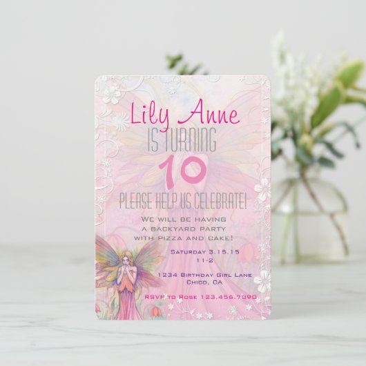 Mooie Roze Sprookjesmeisjes Verjaardag Uitnodiging (Staand voorkant)