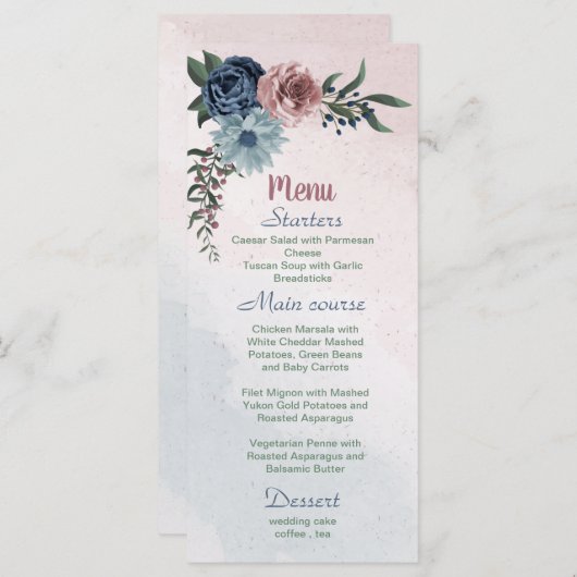 Mooie roze, stoffige blauw navy bloemen groen menu (Voorkant / Achterkant)