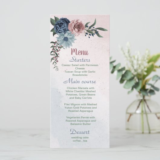 Mooie roze, stoffige blauw navy bloemen groen menu (Staand voorkant)