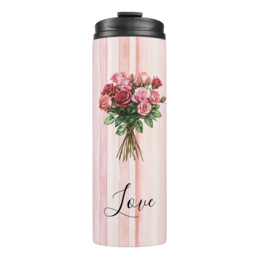 Mooie Roze Strepen Rozen Bloem Thermosbeker (Voorkant)