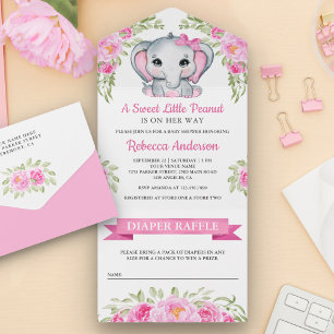 Mooie Roze Strik Bloemachtige Olifant Baby Shower All In One Uitnodiging