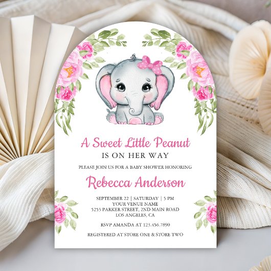 Mooie Roze Strik Bloemachtige Olifant Baby Shower Kaart