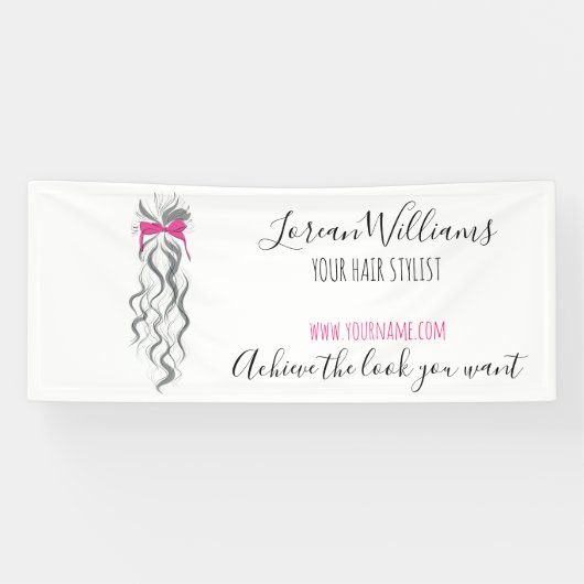 Mooie Roze Strik Grijze en Witte Vlecht Haarstylin Spandoek (Horizontaal)