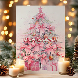 Mooie Roze Strik Kerstboom Prettig Kerstfeest Feestdagen Kaart