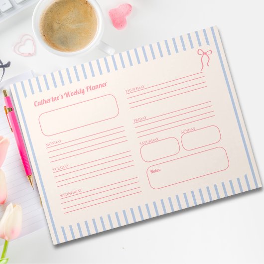 Mooie Roze Strik Roze Gestreepte Weekplanner Notitieblok