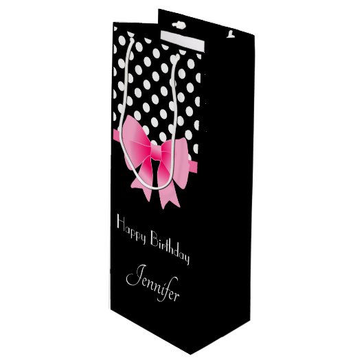 Mooie Roze Strik Script Gelukkige Verjaardag Wijn Cadeautas (Voorkant Gekanteld)