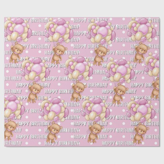 Mooie roze teddy verjaardag cadeaupapier (Vlak)