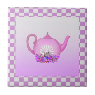 Mooie roze theepot met bloemen keramische Tegel Tegeltje