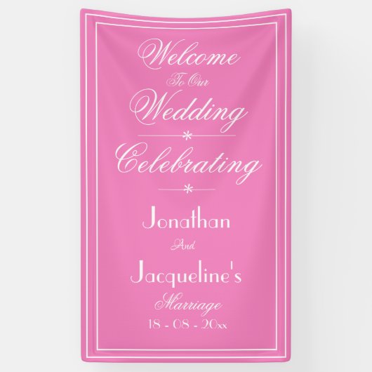Mooie Roze Trouwfeest Witte Script Namen Welkom Spandoek (Verticaal)
