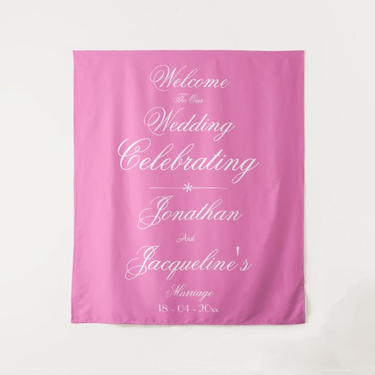 Mooie Roze Trouwfeest Witte Script Namen Welkom Wandkleed (Voorkant)