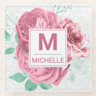 Mooie Roze Tuinrozen Monogram Glazen Onderzetter