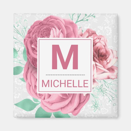 Mooie Roze Tuinrozen Monogram Magneet (Voorkant)