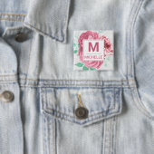 Mooie Roze Tuinrozen Monogram Vierkante Button 5,1 Cm (In situ)