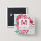 Mooie Roze Tuinrozen Monogram Vierkante Button 5,1 Cm (Voorkant /achterkant)