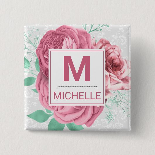 Mooie Roze Tuinrozen Monogram Vierkante Button 5,1 Cm (Voorkant)