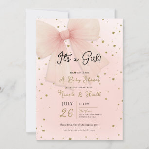 Mooie Roze Tulle Strik & Gouden Confetti Baby Show Kaart