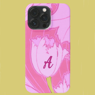 Mooie Roze Tulp Bloem met Monogram Feminin iPhone 15 Pro Case