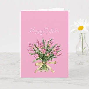 Mooie Roze Tulp Bloemen Gouden Boog Pasen Kaart