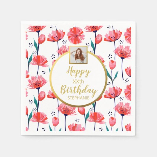 Mooie Roze Tulpen, Aangepaste Fototekst, Verjaarda Servet (Voorkant)