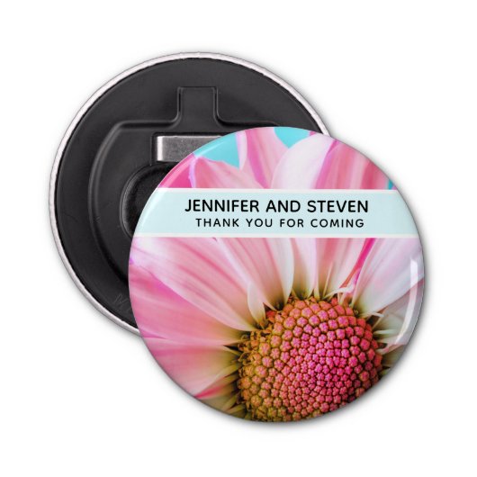 Mooie roze ventilator sluit foto-bruiloft dicht button flesopener (Voorkant)