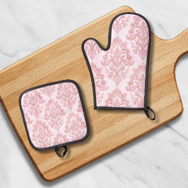 Mooie roze victoriaanse damast watercolor patroon ovenwant & pannenlap set
