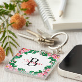 Mooie Roze Vintage Bloem Frame Monogram Sleutelhanger (Voorkant Rechts)
