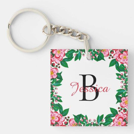 Mooie Roze Vintage Bloem Frame Monogram Sleutelhanger (Voorkant)