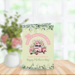 Mooie Roze Vintage Bloemen Truck Moederdag Feestdagen Kaart