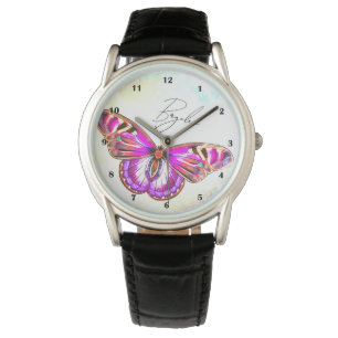 Mooie Roze Vlinder Illustratie Aangepaste Naam Horloge