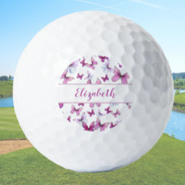 Mooie roze vlinder met op maat gemaakte naam dames golfballen