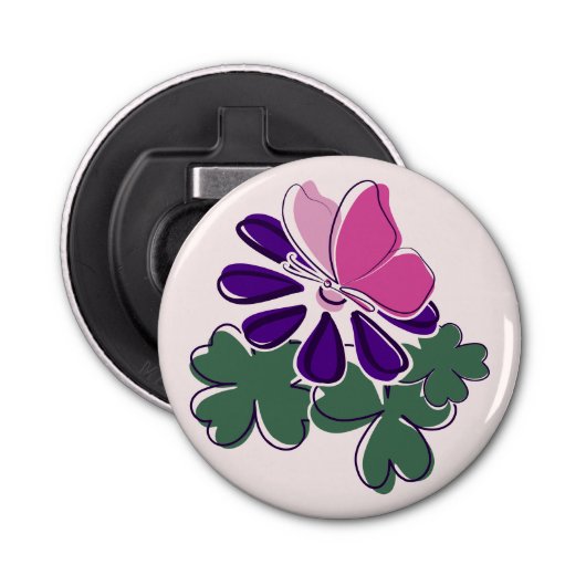Mooie roze vlinder Paarse bloem Doodle Button Flesopener (Voorkant)