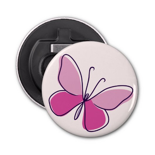 Mooie roze vlinderdoedel button flesopener (Voorkant)