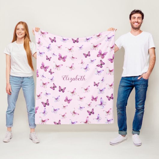 Mooie Roze Vlinders Aangepaste Naam Fleece Deken (In situ)