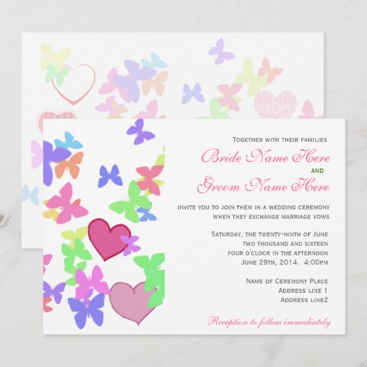 mooie roze vlinders en harten bruiloft kaart (Voorkant / Achterkant)