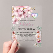 Mooie roze Waterverf Bloemen Eerste Verjaardag Acryl Uitnodigingen (Insitu (Draagbaar))