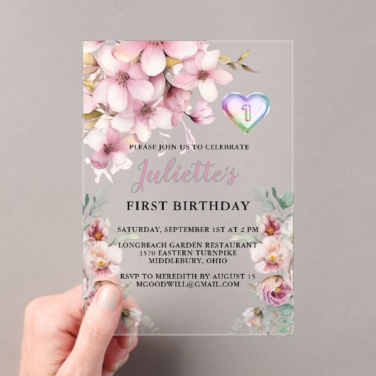 Mooie roze Waterverf Bloemen Eerste Verjaardag Acryl Uitnodigingen (Insitu (Draagbaar))