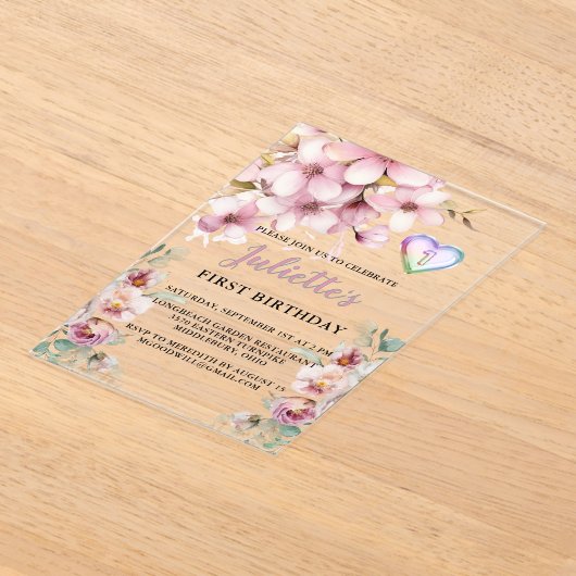 Mooie roze Waterverf Bloemen Eerste Verjaardag Acryl Uitnodigingen (Laagn)