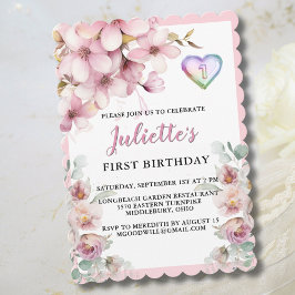 Mooie roze Waterverf Bloemen Eerste Verjaardag Feestdagenkaart