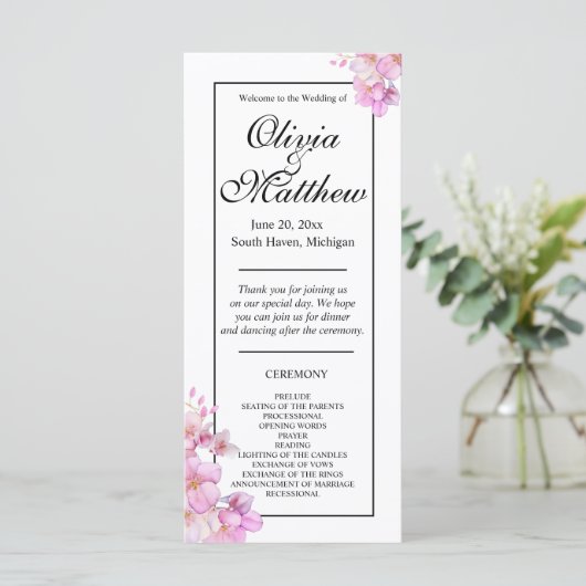 Mooie roze waterverf bloesems bruiloft programma (Staand voorkant)