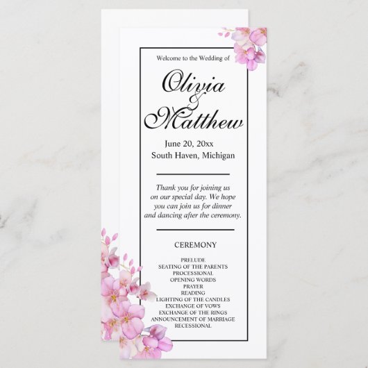 Mooie roze waterverf bloesems bruiloft programma (Voorkant / Achterkant)